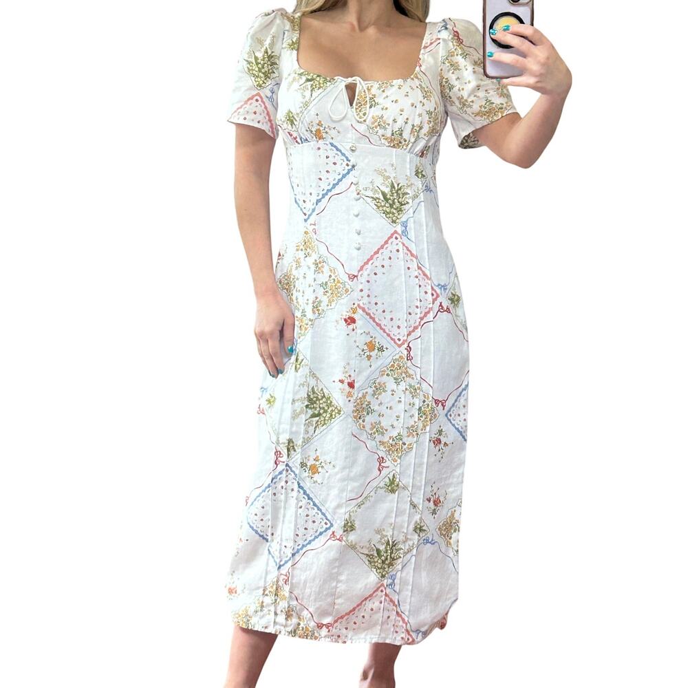 Rare Reformation Pierce Linen Midi Dress Coquette Floral Bows Size 0 Fits 2/4 S